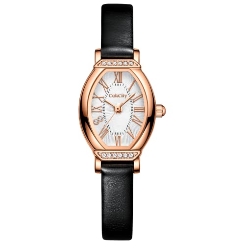 CakCity Women's Small Oval Leather Strap Watch Black/Rose Gold CK013 20x27mm Trendy Timepiece