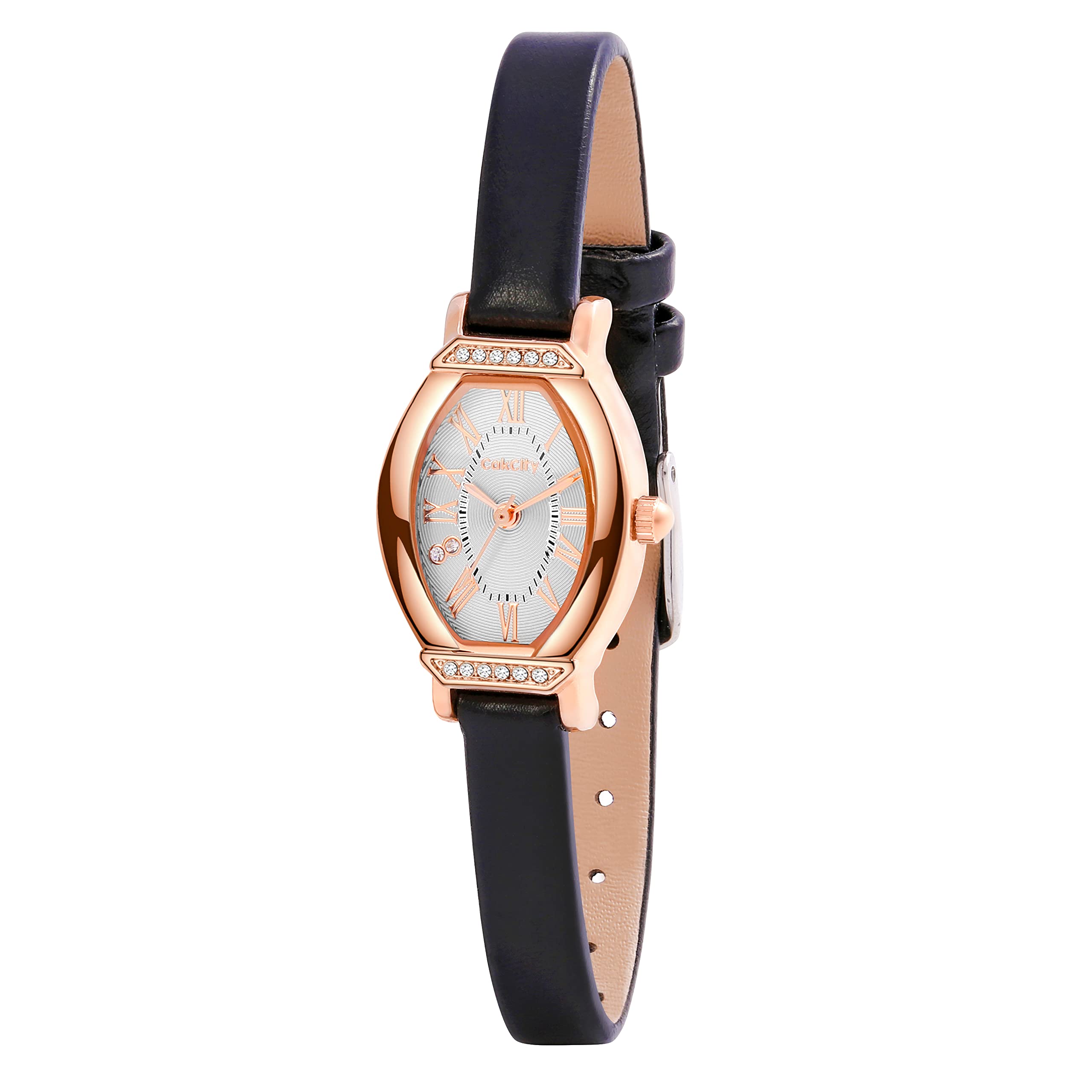 CakCity Women's Small Oval Leather Strap Watch Black/Rose Gold CK013 20x27mm Trendy Timepiece